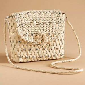 Anthropologie Embellished Straw Crossbody Bag